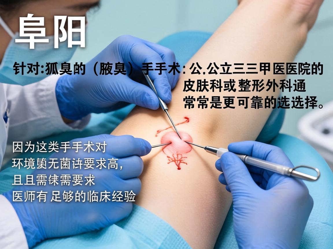 在阜阳，针对狐臭（腋臭）手术，公立三甲医院的皮肤科或整形外科通常是更可靠的选择，因为这类手术对环境无菌要求高，且需要医生有足够的临床经验