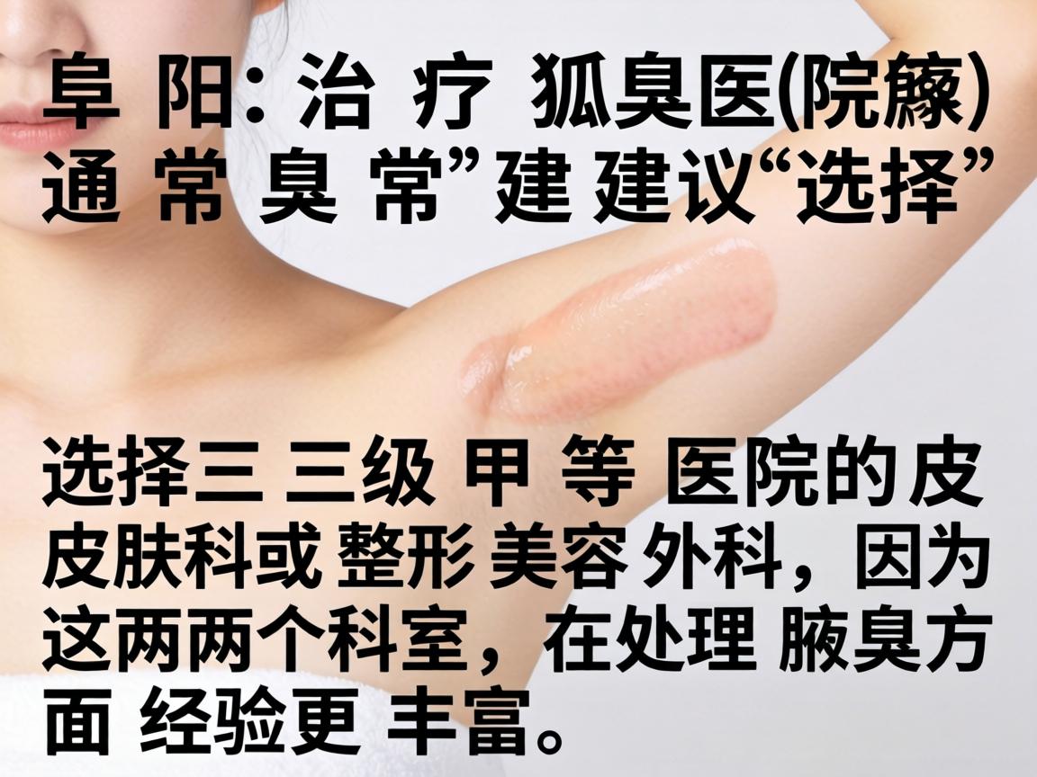 在阜阳，治疗狐臭（腋臭）通常建议选择三级甲等医院的皮肤科或整形美容外科，因为这两个科室在处理腋臭方面经验更丰富