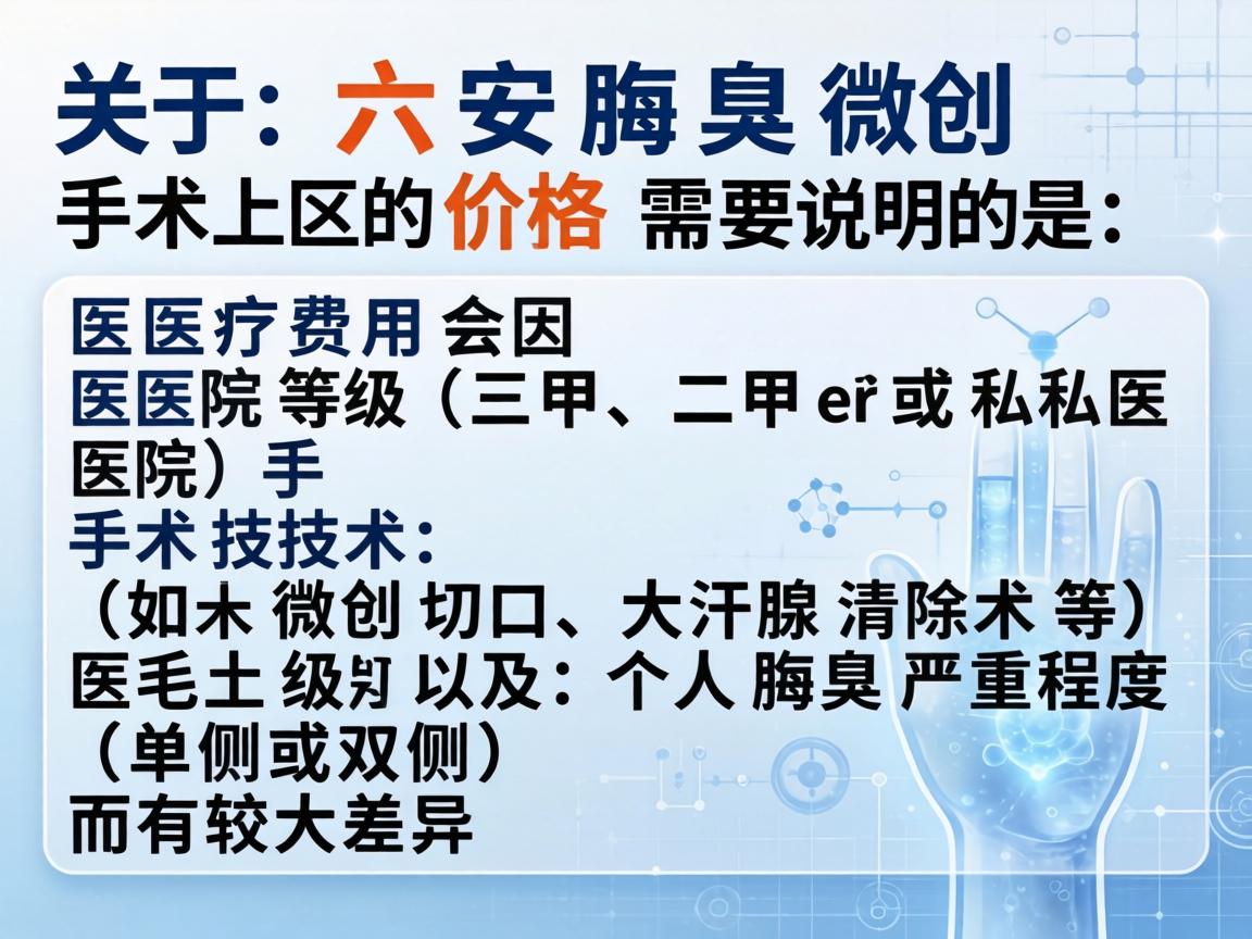 关于六安腋臭微创手术的价格，需要说明的是，医疗费用会因医院等级（三甲、二甲或私立医院）手术技术（如微创切口、大汗腺清除术等）医生级别以及个人腋臭严重程度（单侧或双侧）而有较大差异