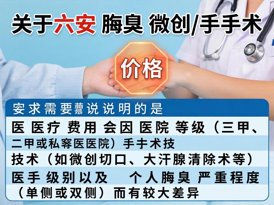 关于六安腋臭微创手术的价格，需要说明的是，医疗费用会因医院等级（三甲、二甲或私立医院）手术技术（如微创切口、大汗腺清除术等）医生级别以及个人腋臭严重程度（单侧或双侧）而有较大差异