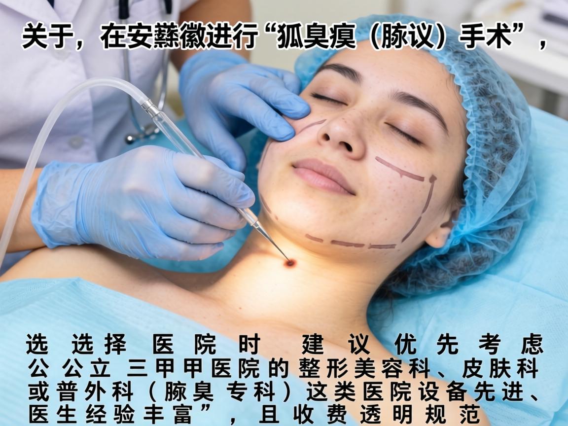 关于在安徽进行狐臭（腋臭）手术，选择医院时建议优先考虑公立三甲医院的整形美容科、皮肤科或普外科（腋臭专科）这类医院设备先进、医生经验丰富，且收费透明规范