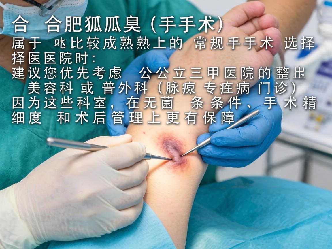 在合肥，腋臭（狐臭）手术属于比较成熟的常规手术。选择医院时，建议您优先考虑公立三甲医院的整形美容科或普外科（腋臭专病门诊）因为这些科室在无菌条件、手术精细度和术后管理上更有保障