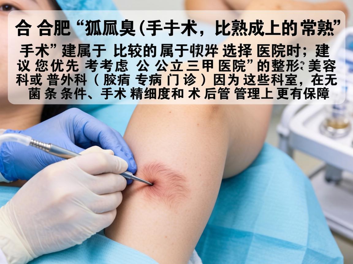在合肥，腋臭（狐臭）手术属于比较成熟的常规手术。选择医院时，建议您优先考虑公立三甲医院的整形美容科或普外科（腋臭专病门诊）因为这些科室在无菌条件、手术精细度和术后管理上更有保障