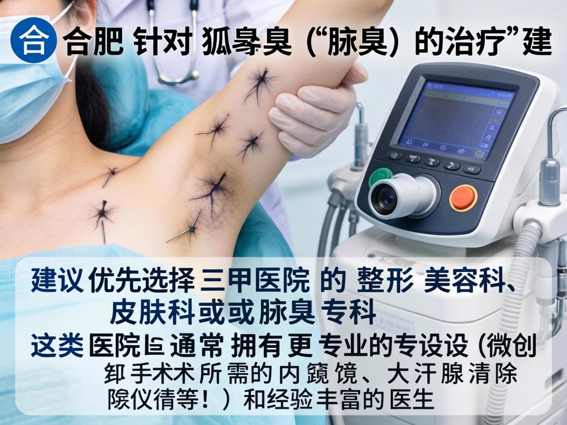 在合肥，针对狐臭（腋臭）的治疗，建议优先选择三甲医院的整形美容科、皮肤科或腋臭专科。这类医院通常拥有更专业的设备（如微创手术所需的内窥镜、大汗腺清除仪等）和经验丰富的医生