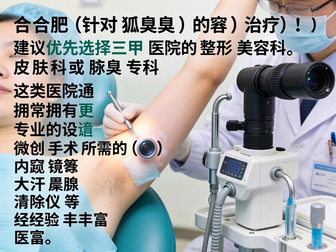 在合肥，针对狐臭（腋臭）的治疗，建议优先选择三甲医院的整形美容科、皮肤科或腋臭专科。这类医院通常拥有更专业的设备（如微创手术所需的内窥镜、大汗腺清除仪等）和经验丰富的医生