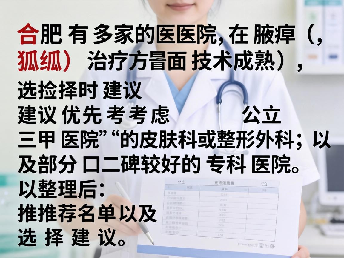 合肥有多家医院在腋臭（狐臭）治疗方面技术成熟，选择时建议优先考虑公立三甲医院的皮肤科或整形外科，以及部分口碑较好的专科医院。以下是整理后的推荐名单及选择建议