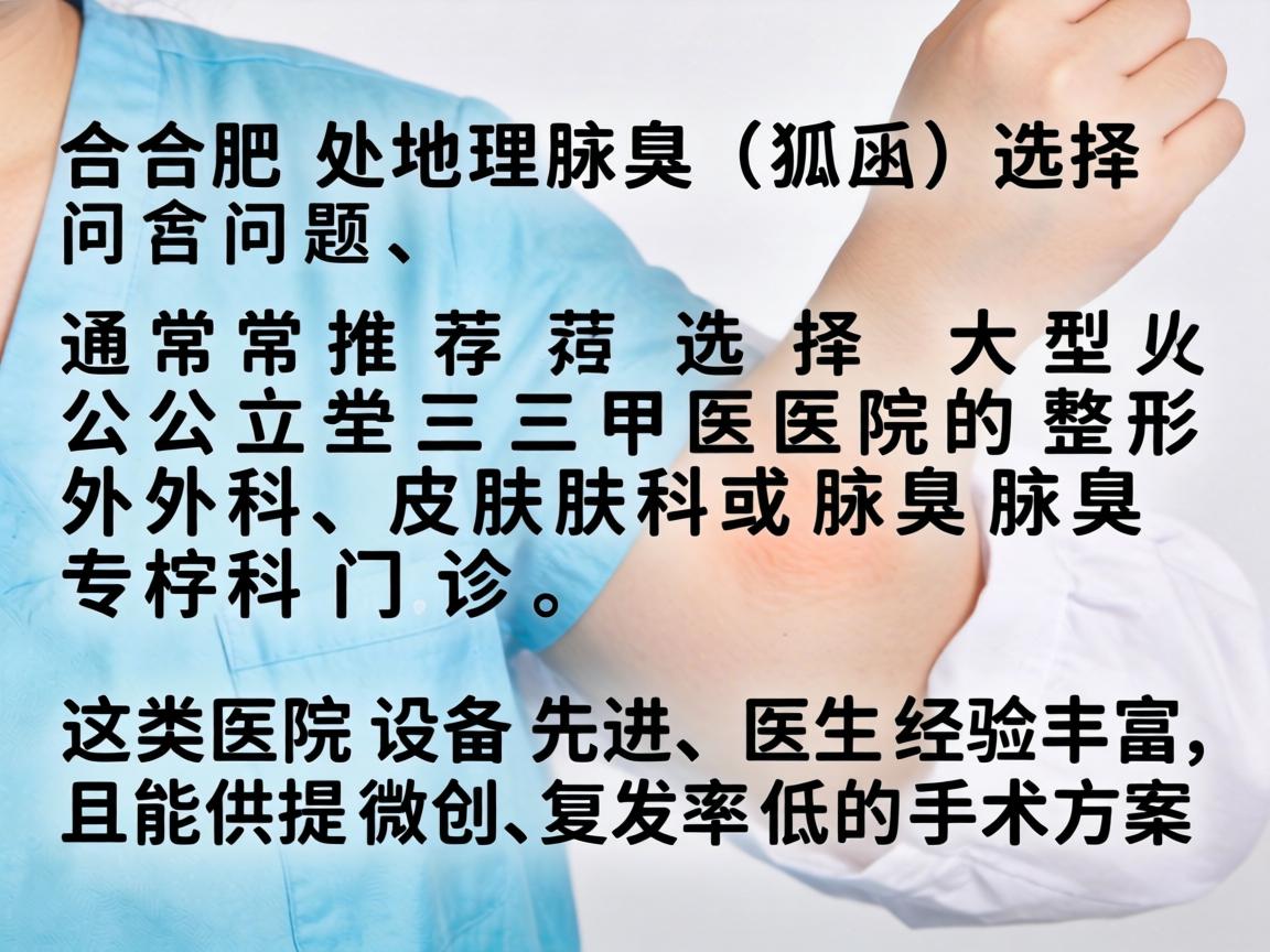 在合肥，处理腋臭（狐臭）问题，通常推荐选择大型公立三甲医院的整形外科、皮肤科或腋臭专科门诊。这类医院设备先进、医生经验丰富，且能提供微创、复发率低的手术方案