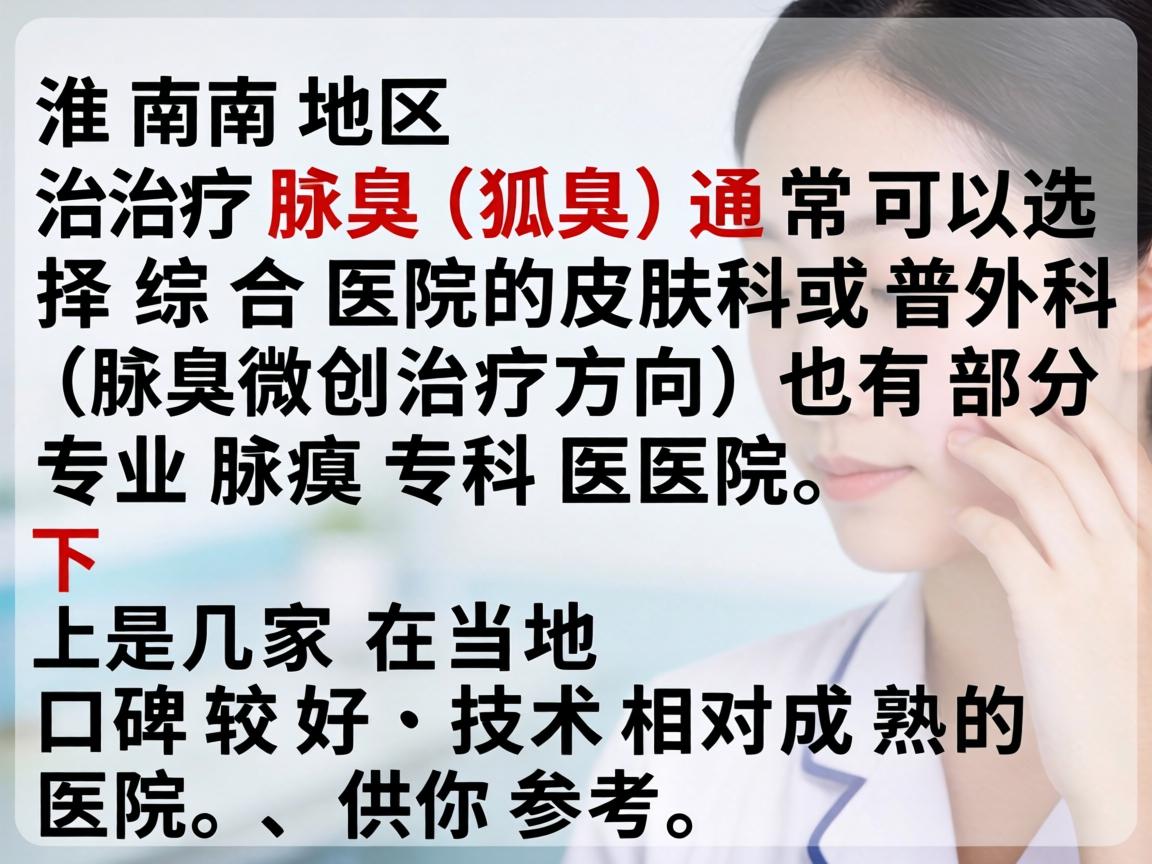 在淮南地区，治疗腋臭（狐臭）通常可以选择综合医院的皮肤科或普外科（腋臭微创治疗方向）也有部分专业腋臭专科医院。下面是几家在当地口碑较好、技术相对成熟的医院，供你参考