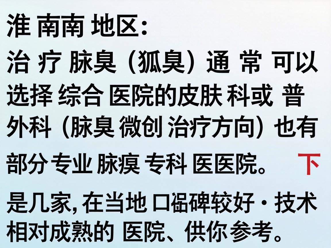 在淮南地区，治疗腋臭（狐臭）通常可以选择综合医院的皮肤科或普外科（腋臭微创治疗方向）也有部分专业腋臭专科医院。下面是几家在当地口碑较好、技术相对成熟的医院，供你参考