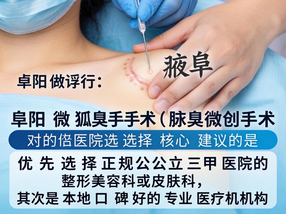 针对在阜阳做狐臭手术（腋臭微创手术）的医院选择，核心建议是，优先选择正规公立三甲医院的整形美容科或皮肤科，其次是本地口碑好的专业医疗机构