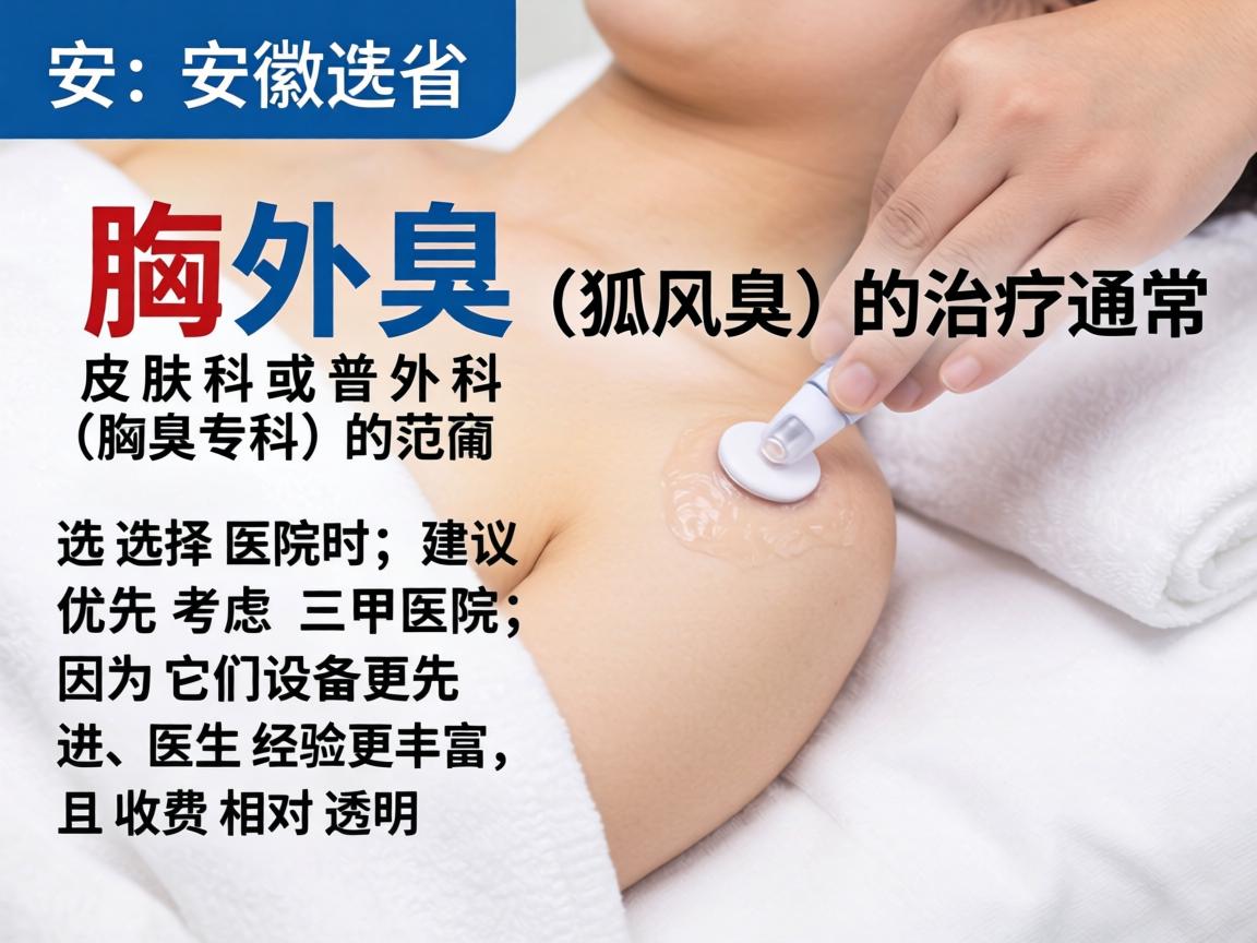 在安徽省，腋臭（狐臭）的治疗通常属于皮肤科或普外科（腋臭专科）的范畴。选择医院时，建议优先考虑三甲医院，因为它们设备更先进、医生经验更丰富，且收费相对透明
