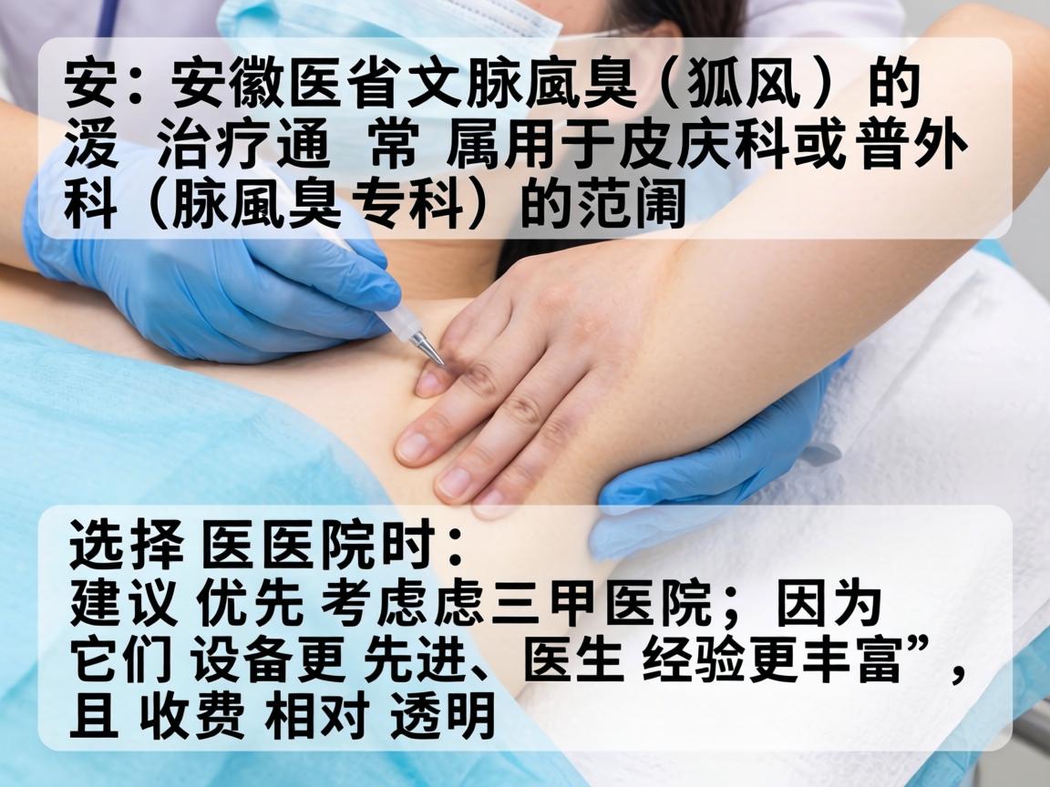 在安徽省，腋臭（狐臭）的治疗通常属于皮肤科或普外科（腋臭专科）的范畴。选择医院时，建议优先考虑三甲医院，因为它们设备更先进、医生经验更丰富，且收费相对透明