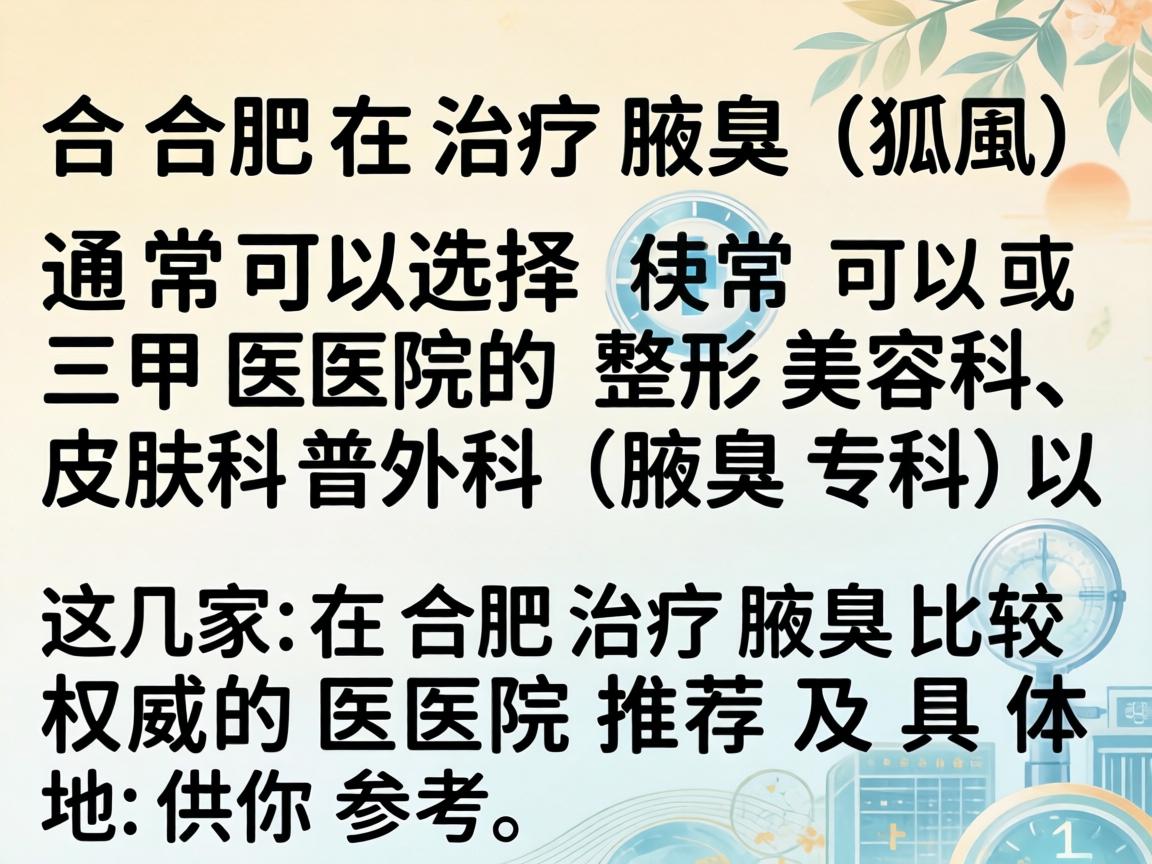 在合肥，治疗腋臭（狐臭）通常可以选择三甲医院的整形美容科、皮肤科或普外科（腋臭专科）以下是几家在合肥治疗腋臭比较权威的医院推荐及具体地址，供你参考