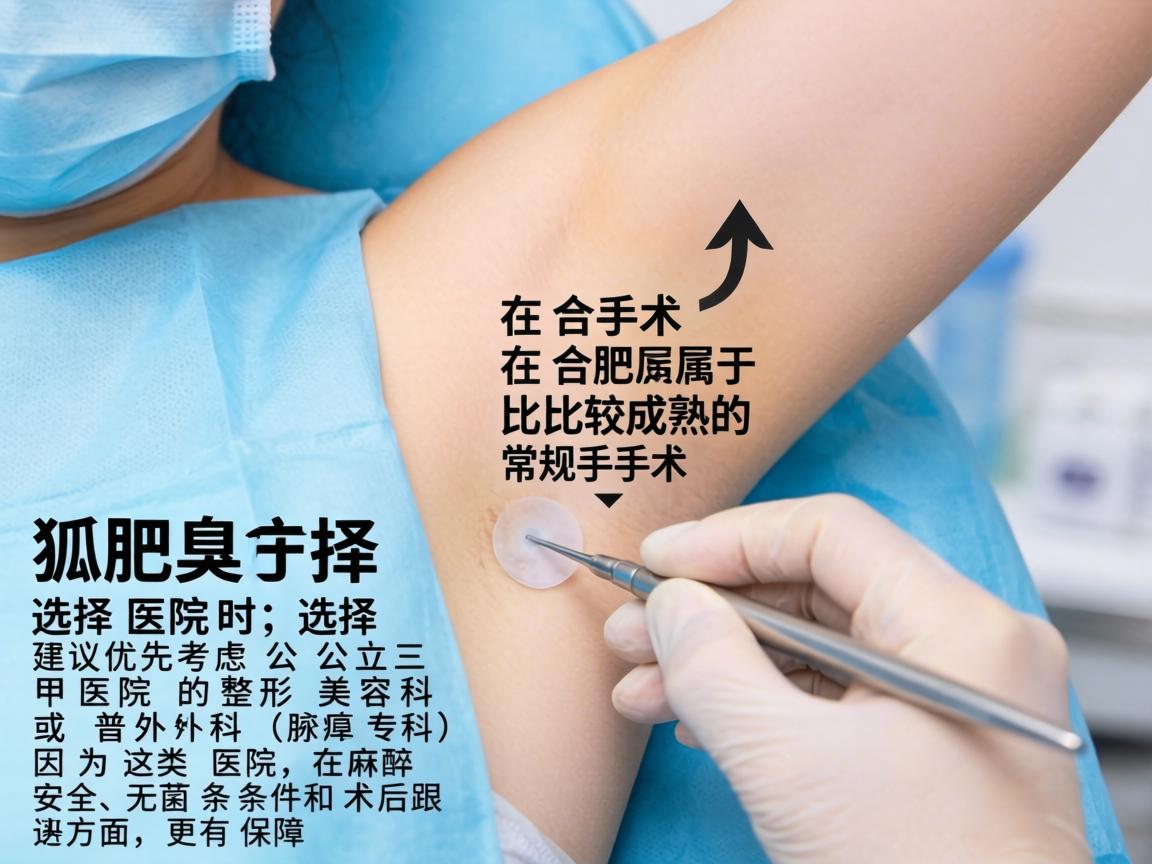 狐臭（腋臭）手术在合肥属于比较成熟的常规手术。选择医院时，建议优先考虑公立三甲医院的整形美容科或普外科（腋臭专科）因为这类医院在麻醉安全、无菌条件和术后跟进方面更有保障