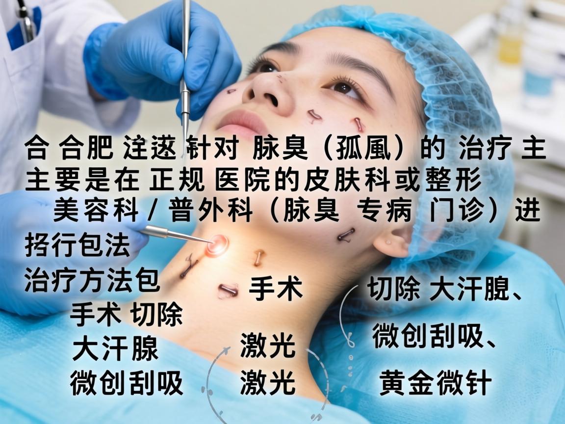 在合肥，针对腋臭（狐臭）的治疗，主要是在正规医院的皮肤科或整形美容科/普外科（腋臭专病门诊）进行。治疗方法包括手术切除大汗腺、微创刮吸、激光、黄金微针等