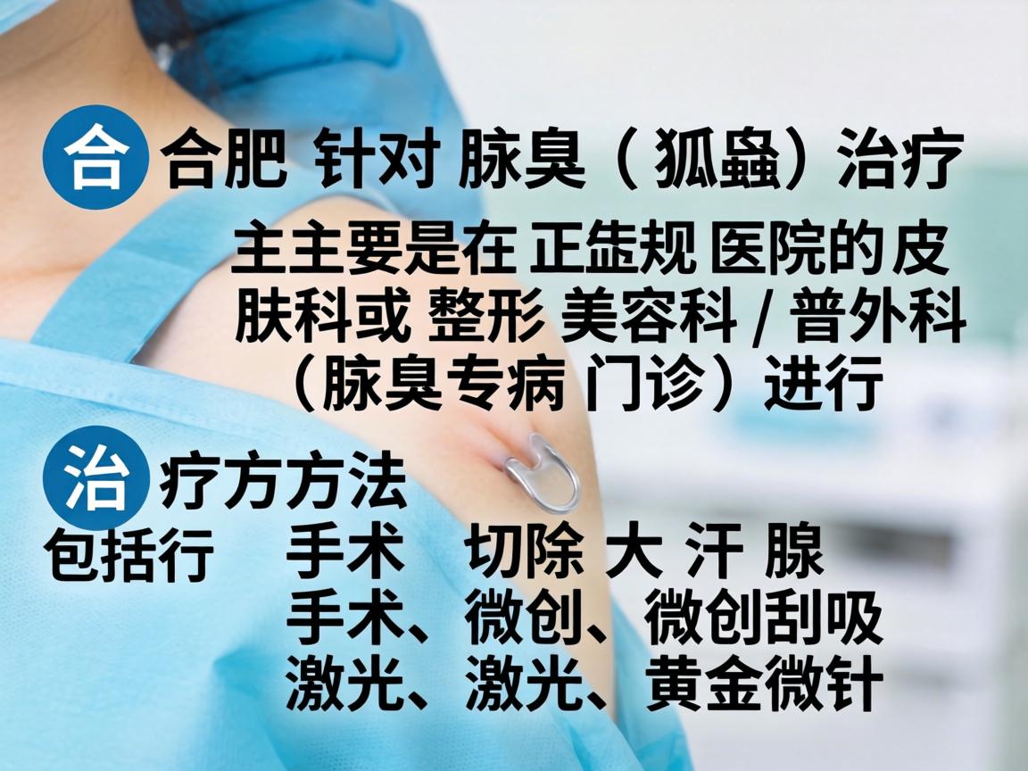 在合肥，针对腋臭（狐臭）的治疗，主要是在正规医院的皮肤科或整形美容科/普外科（腋臭专病门诊）进行。治疗方法包括手术切除大汗腺、微创刮吸、激光、黄金微针等