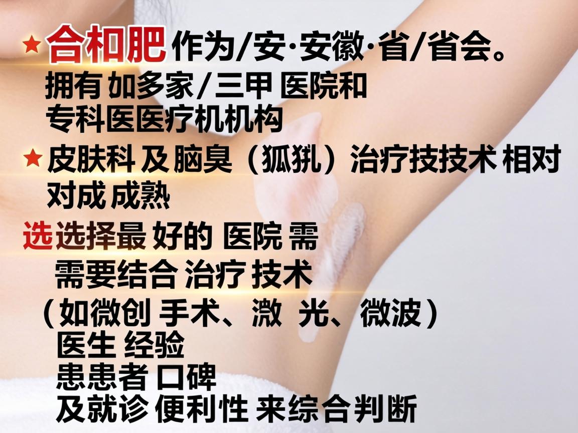 合肥作为安徽省的省会，拥有多家三甲医院和专科医疗机构，其皮肤科及腋臭（狐臭）治疗技术相对成熟。选择最好的医院需要结合治疗技术（如微创手术、激光、微波）医生经验、患者口碑及就诊便利性来综合判断