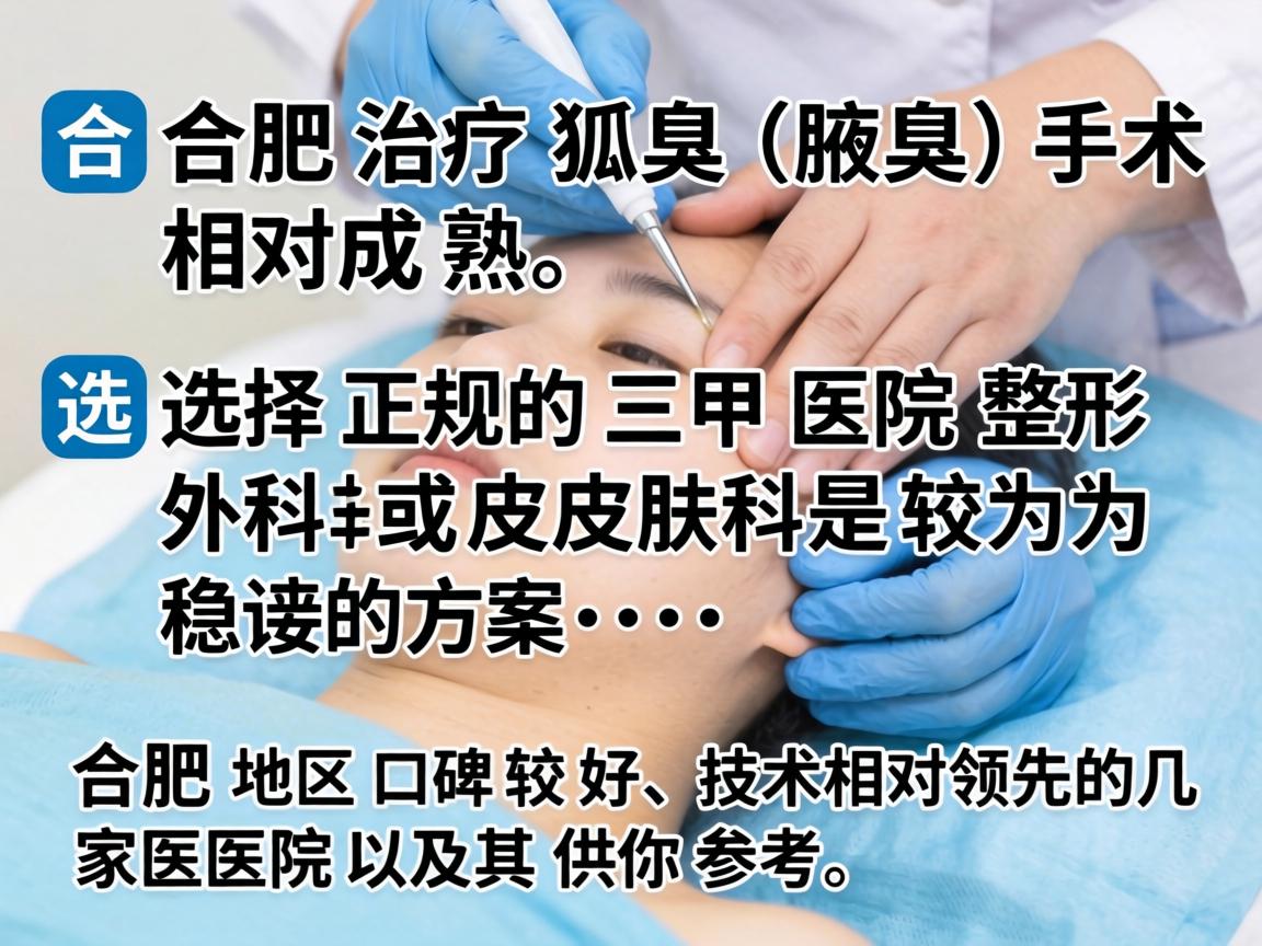 在合肥，治疗狐臭（腋臭）手术相对成熟，选择正规的三甲医院整形外科或皮肤科是较为稳妥的方案。以下是合肥地区口碑较好、技术相对领先的几家医院及其特点，供你参考