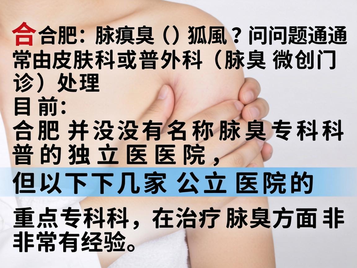 在合肥，腋臭（狐臭）问题通常由皮肤科或普外科（腋臭微创门诊）处理。目前，合肥并没有名为腋臭专科的独立医院，但以下几家公立医院的重点专科在治疗腋臭方面非常有经验