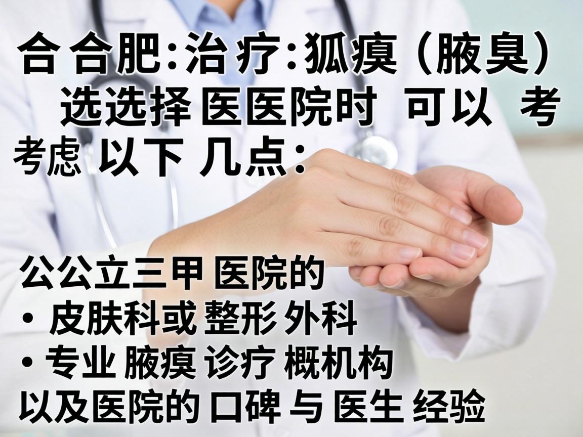 在合肥治疗狐臭（腋臭）选择医院时可以考虑以下几点，公立三甲医院的皮肤科或整形外科、专业腋臭诊疗机构、以及医院的口碑与医生经验