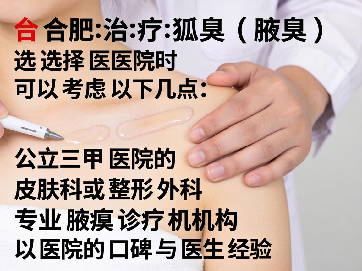 在合肥治疗狐臭（腋臭）选择医院时可以考虑以下几点，公立三甲医院的皮肤科或整形外科、专业腋臭诊疗机构、以及医院的口碑与医生经验