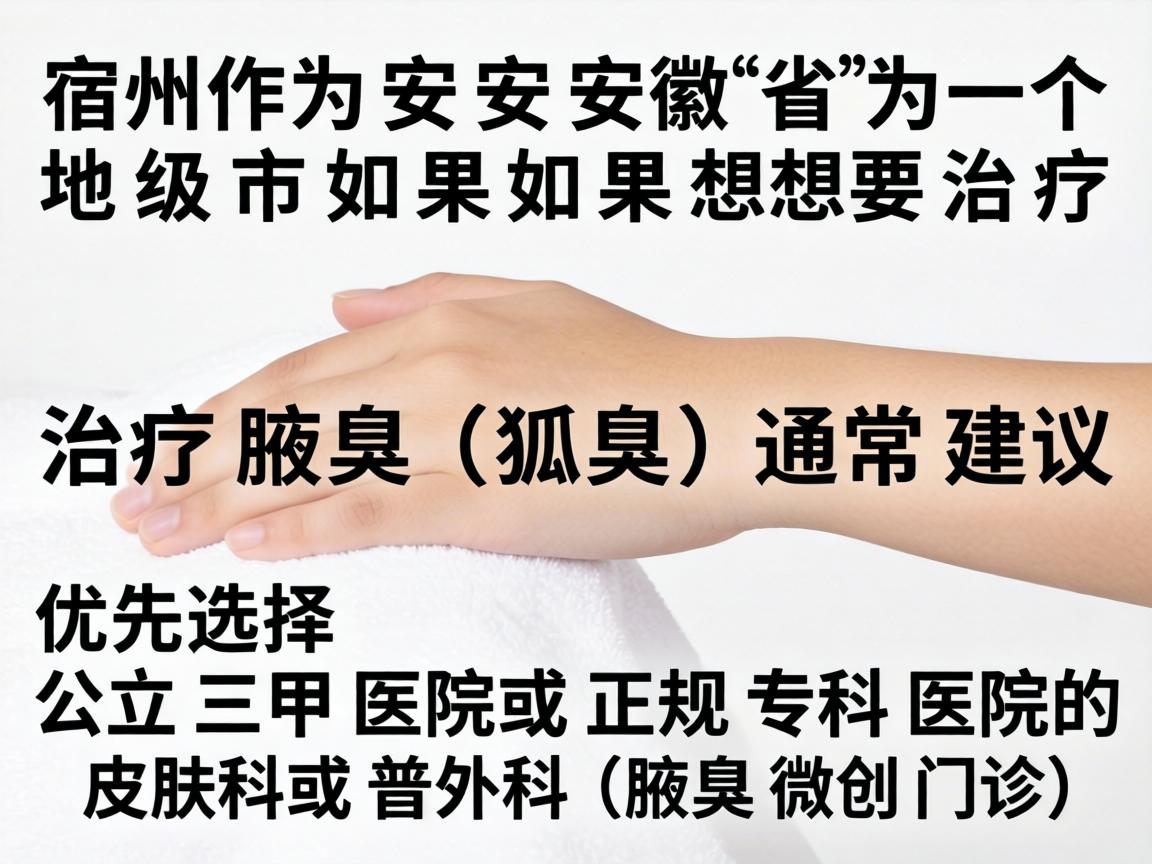 宿州作为安徽省的一个地级市，如果想要治疗腋臭（狐臭）通常建议优先选择公立三甲医院或正规专科医院的皮肤科或普外科（腋臭微创门诊）