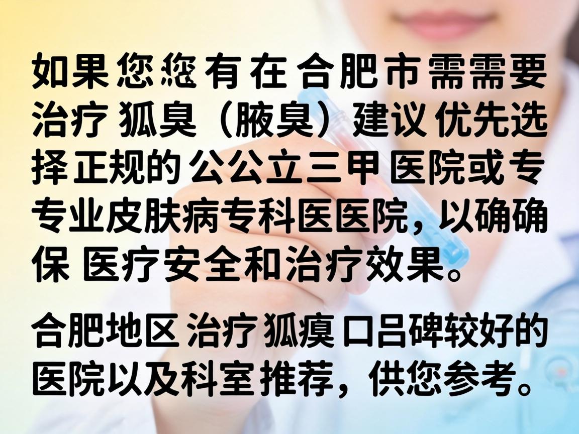 如果您在合肥市需要治疗狐臭（腋臭）建议优先选择正规的公立三甲医院或专业皮肤病专科医院，以确保医疗安全和治疗效果。以下是合肥地区治疗狐臭口碑较好的医院及科室推荐，供您参考