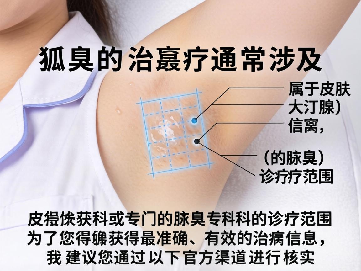 狐臭的治疗通常涉及腋窝部位的大汗腺，属于皮肤科或专门的腋臭专科的诊疗范围。为了确保您获得最准确、有效的治疗信息，我建议您通过以下官方渠道进行核实
