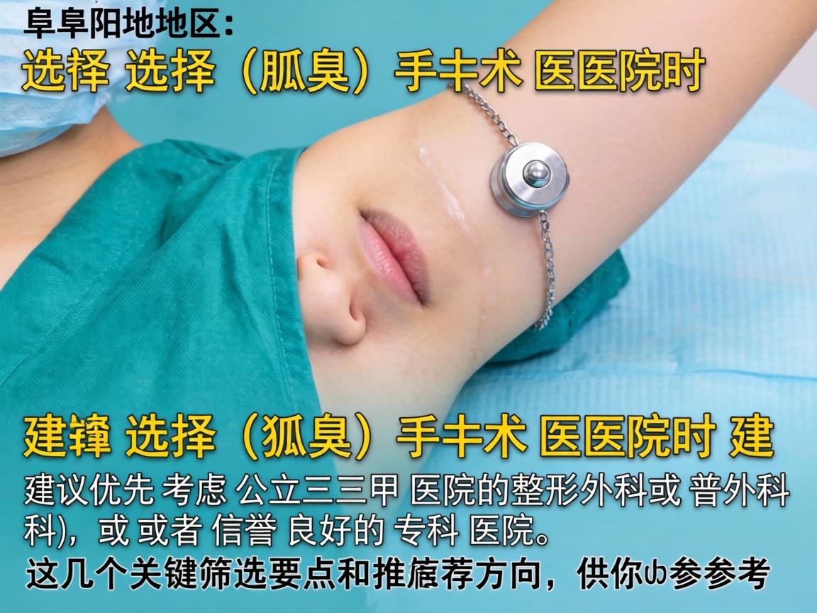 在阜阳地区，选择狐臭（腋臭）手术医院时，建议优先考虑公立三甲医院的整形外科或普外科，或者信誉良好的专科医院。以下是几个关键筛选要点和推荐方向，供你参考