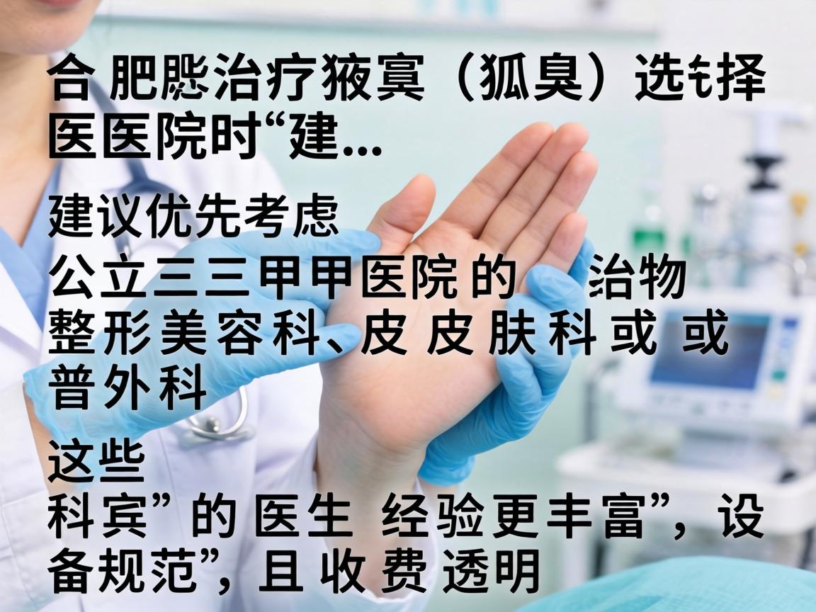 在合肥，治疗狐臭（腋臭）选择医院时，建议优先考虑公立三甲医院的整形美容科、皮肤科或普外科。这些科室的医生经验更丰富，设备规范，且收费透明