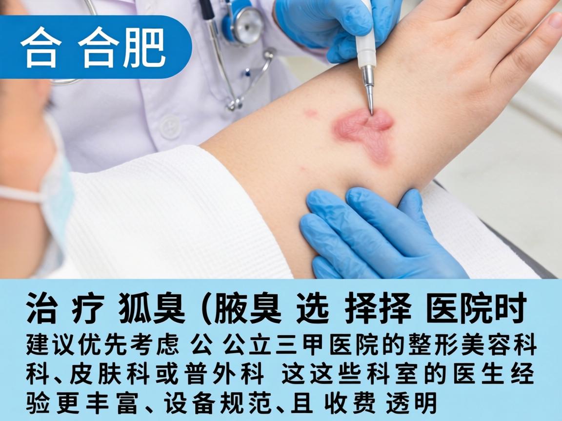 在合肥，治疗狐臭（腋臭）选择医院时，建议优先考虑公立三甲医院的整形美容科、皮肤科或普外科。这些科室的医生经验更丰富，设备规范，且收费透明