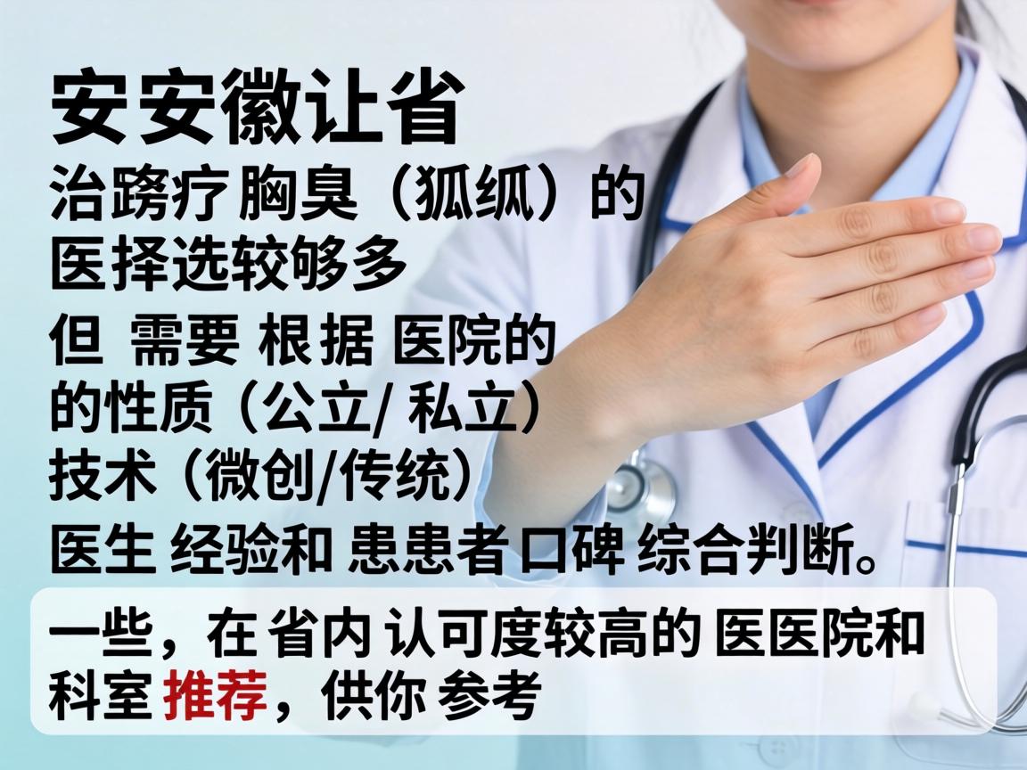 在安徽省，治疗腋臭（狐臭）的医院选择较多，但需要根据医院的性质（公立/私立）技术（微创/传统）医生经验和患者口碑综合判断。以下是一些在省内认可度较高的医院和科室推荐，供你参考
