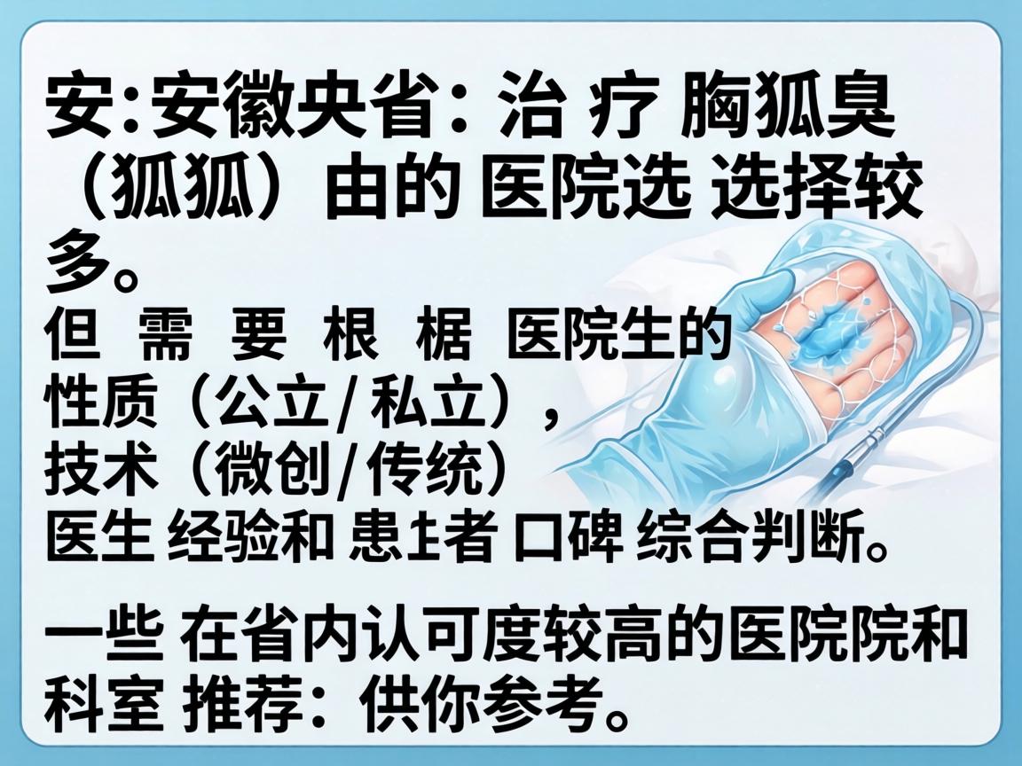 在安徽省，治疗腋臭（狐臭）的医院选择较多，但需要根据医院的性质（公立/私立）技术（微创/传统）医生经验和患者口碑综合判断。以下是一些在省内认可度较高的医院和科室推荐，供你参考