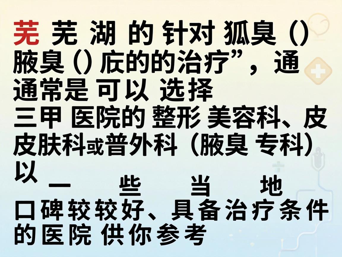 在芜湖，针对狐臭（腋臭）的治疗，通常可以选择三甲医院的整形美容科、皮肤科或普外科（腋臭专科）以下是一些当地口碑较好、具备治疗条件的医院供你参考