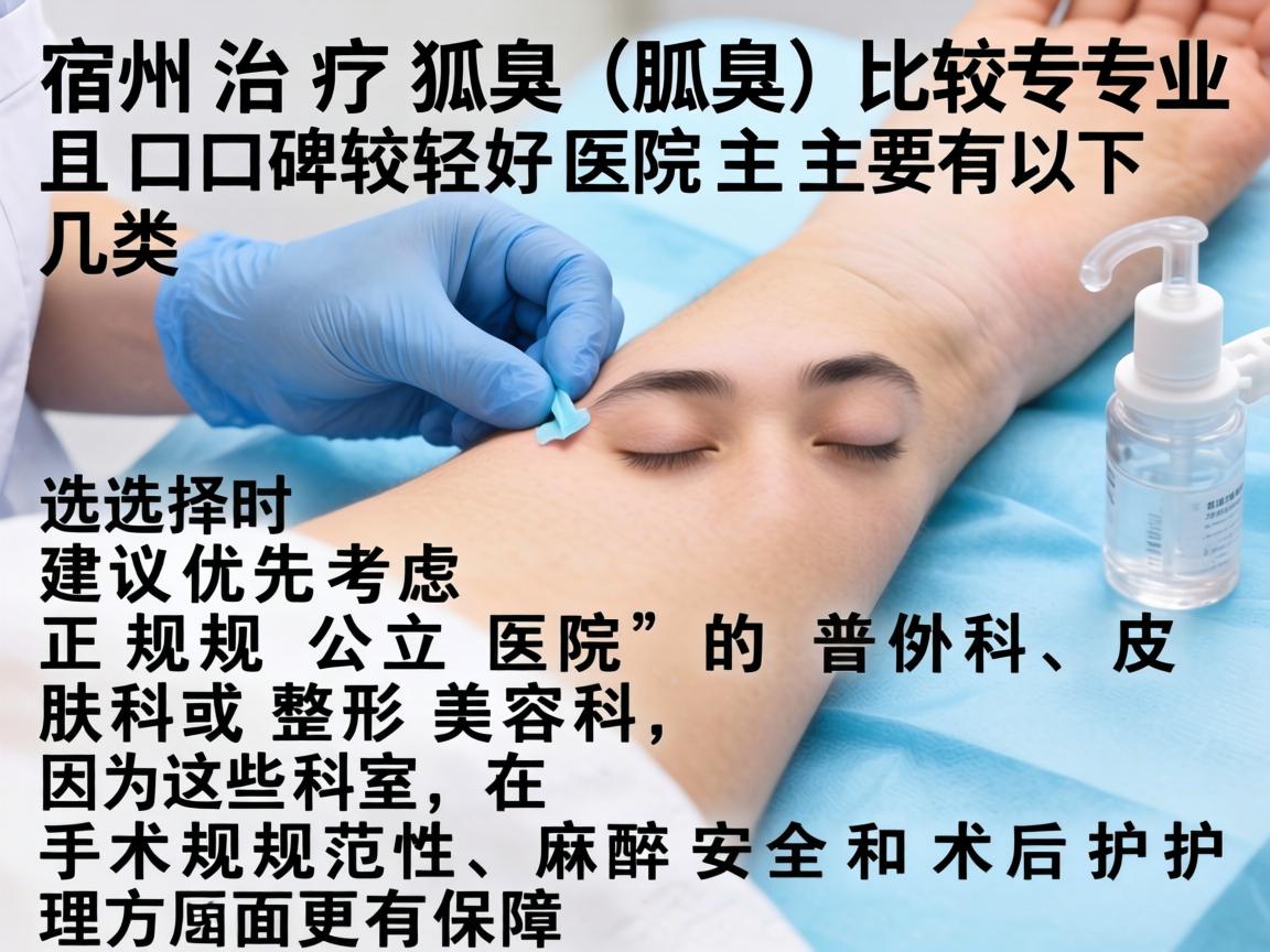 在宿州，治疗狐臭（腋臭）比较专业且口碑较好的医院主要有以下几类。选择时建议优先考虑正规公立医院的普外科、皮肤科或整形美容科，因为这些科室在手术规范性、麻醉安全和术后护理方面更有保障