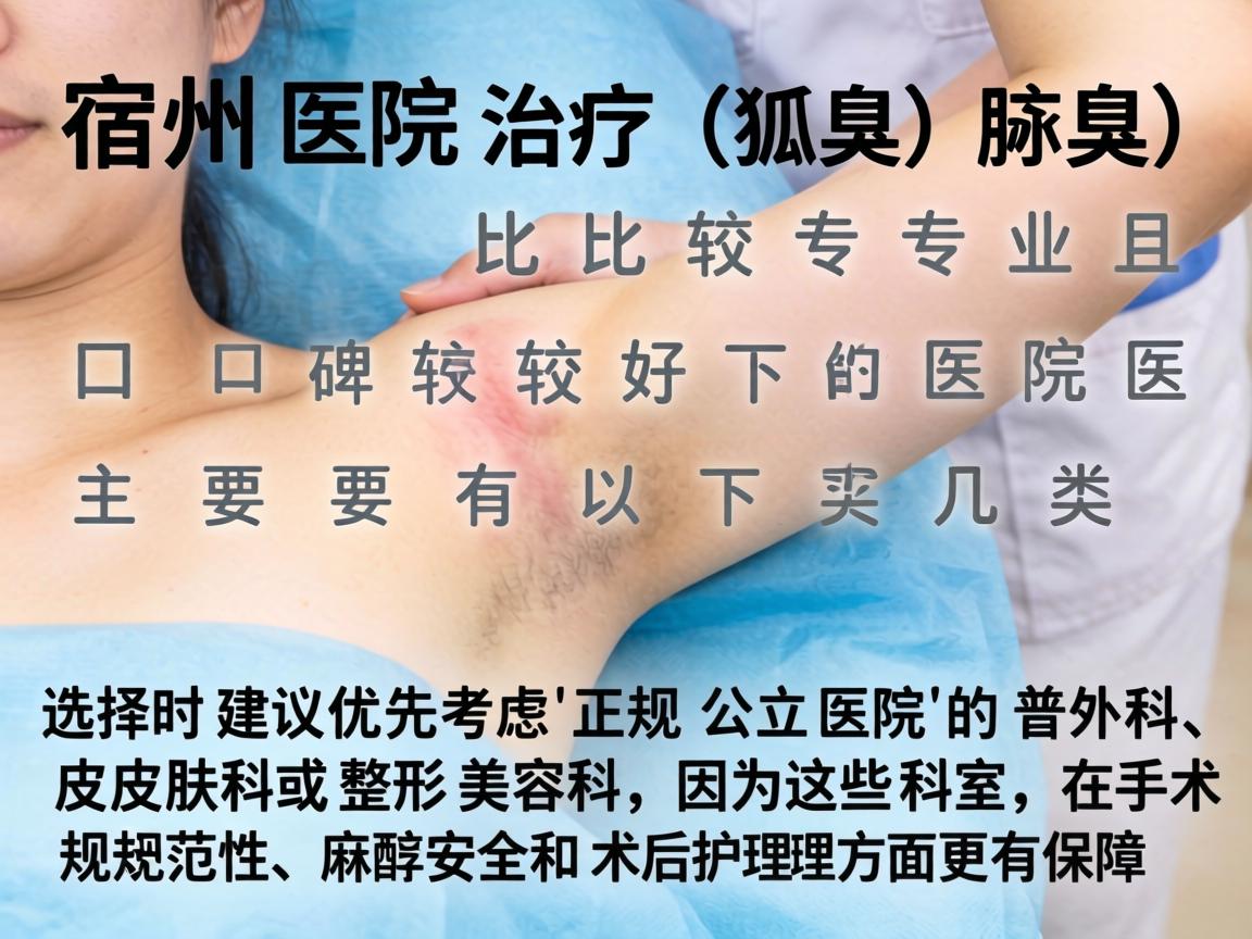 在宿州，治疗狐臭（腋臭）比较专业且口碑较好的医院主要有以下几类。选择时建议优先考虑正规公立医院的普外科、皮肤科或整形美容科，因为这些科室在手术规范性、麻醉安全和术后护理方面更有保障