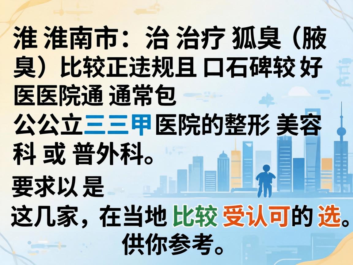 在淮南市，治疗狐臭（腋臭）比较正规且口碑较好的医院通常包括公立三甲医院的整形美容科或普外科。以下是几家在当地比较受认可的选择，供你参考