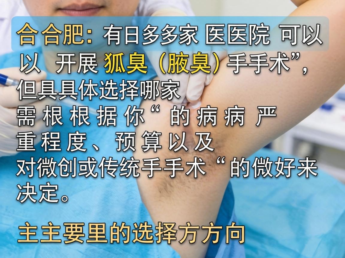 在合肥，有多家医院可以开展狐臭（腋臭）手术，但具体选择哪家需根据你的病情严重程度、预算以及对微创或传统手术的偏好来决定。以下是主要的选择方向
