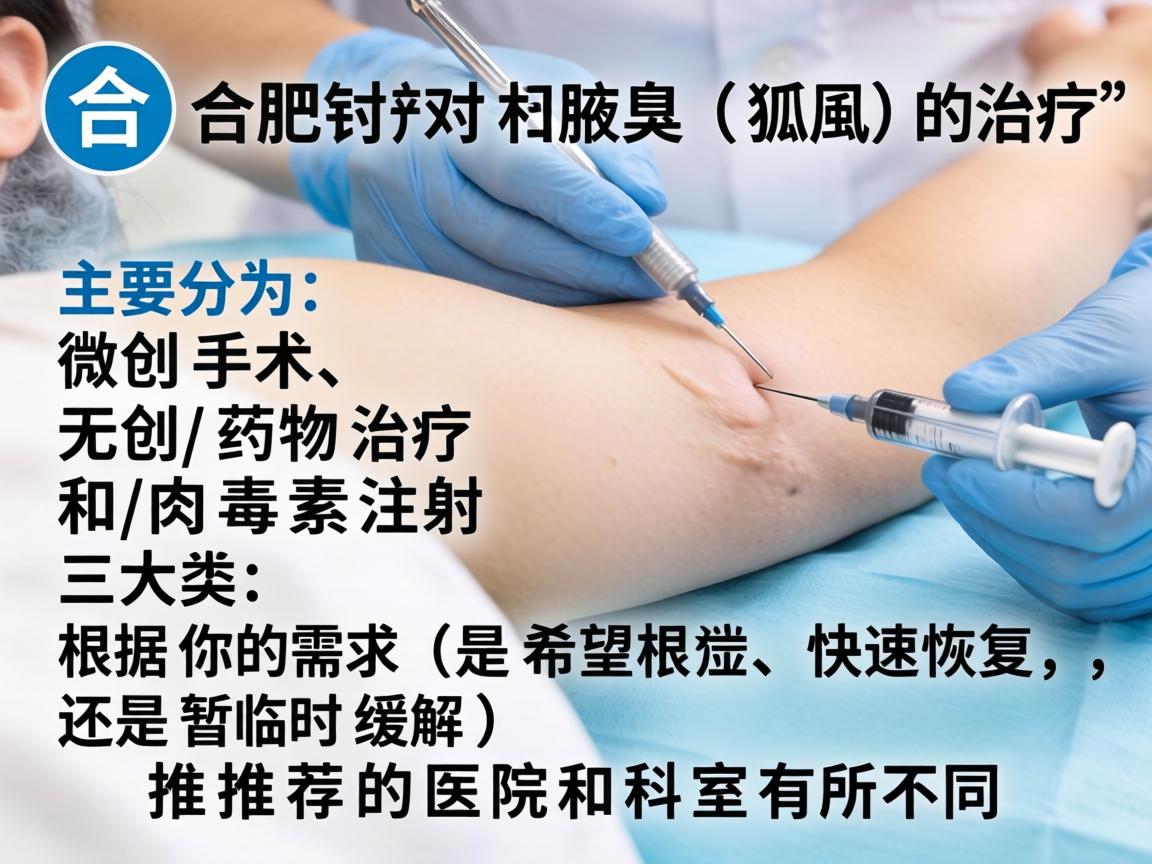 在合肥，针对腋臭（狐臭）的治疗，主要分为微创手术、无创/药物治疗和肉毒素注射三大类。根据你的需求（是希望根治、快速恢复，还是暂时缓解）推荐的医院和科室有所不同