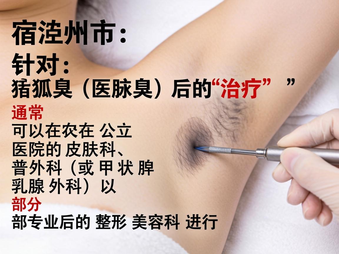 在宿州市，针对狐臭（腋臭）的治疗，通常可以在公立医院的皮肤科、普外科（或甲状腺乳腺外科）以及部分专业的整形美容科进行