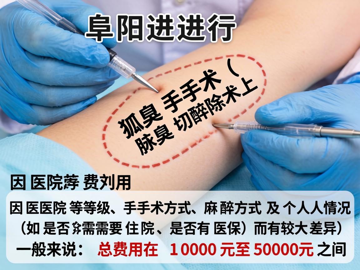在阜阳进行狐臭手术（腋臭切除术）的费用因医院等级、手术方式、麻醉方式及个人情况（如是否需要住院、是否有医保）而有较大差异。一般来说，总费用在 1000元至5000元 之间