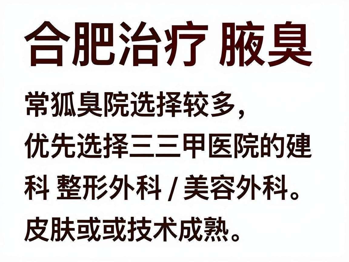 合肥治疗腋臭（狐臭）的医院选择较多，通常建议优先选择三甲医院的皮肤科或整形外科/美容外科。以下是合肥地区口碑较好、技术成熟的医院推荐及选择建议