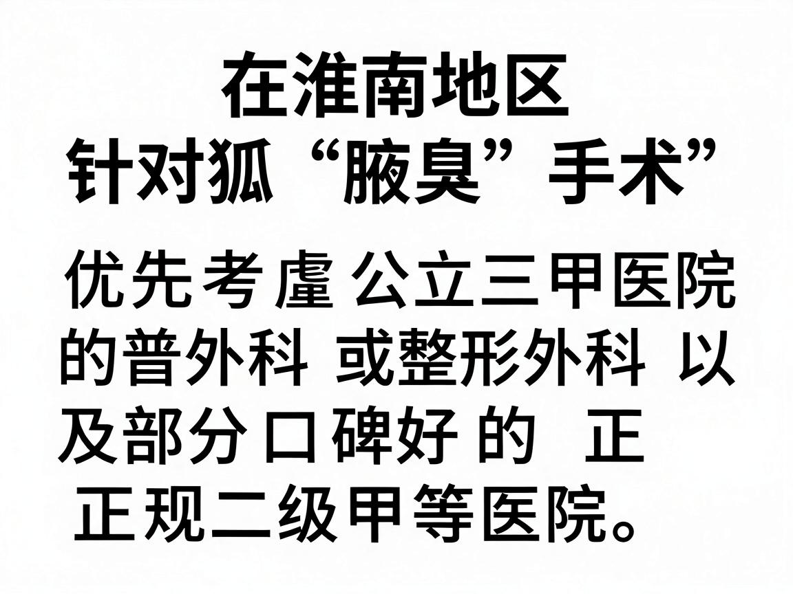 在淮南地区，针对狐臭（腋臭）手术，建议优先考虑公立三甲医院的普外科（或整形外科）以及部分口碑好的正规二级甲等医院。由于医疗信息具有时效性，建议你通过以下方式获取最新、最准确的信息