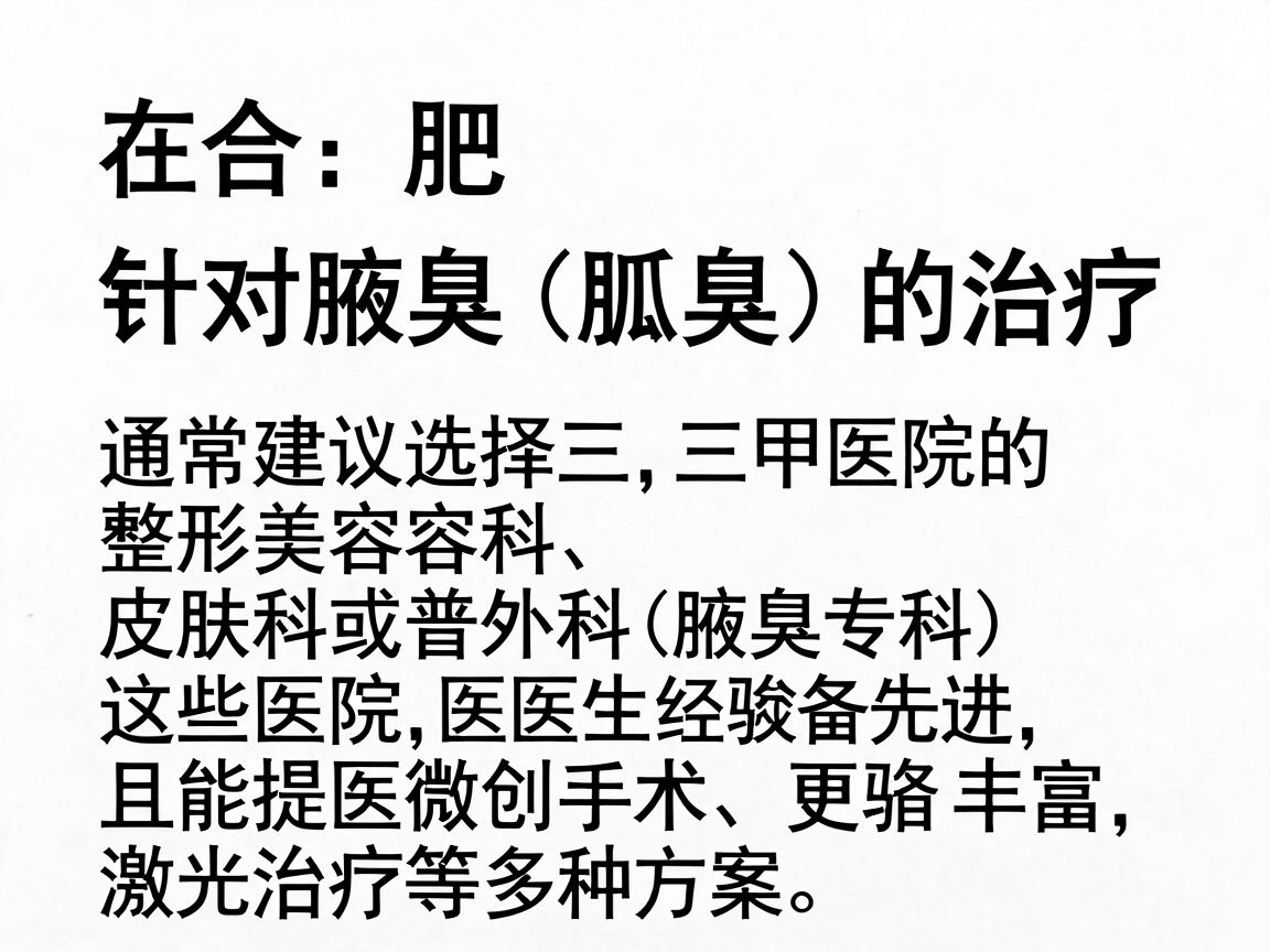 在合肥，针对腋臭（狐臭）的治疗，通常建议选择三甲医院的整形美容科、皮肤科或普外科（腋臭专科）这些医院设备更先进，医生经验丰富，且能提供微创手术、激光治疗等多种方案
