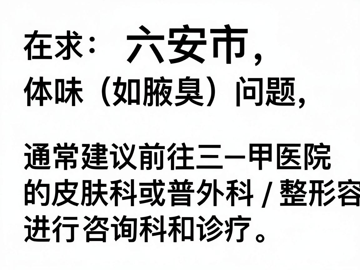 在六安市，针对体味（如腋臭）问题，通常建议前往三甲医院的皮肤科或普外科/整形美容科进行咨询和诊疗。以下是一些主要医院的参考信息