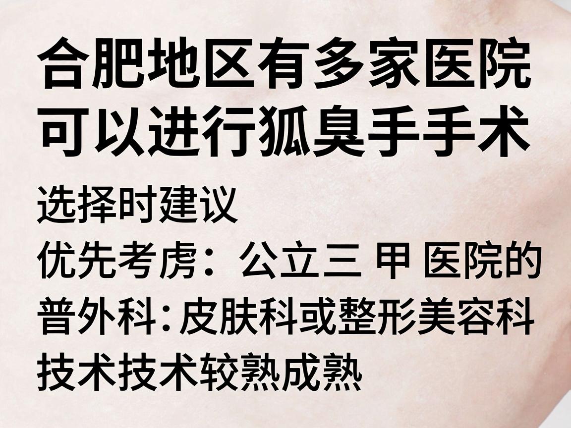 合肥地区有多家医院可以进行狐臭手术，选择时建议优先考虑公立三甲医院的普外科、皮肤科或整形美容科。以下是几家在当地口碑较好、技术较成熟的医院（按综合推荐排序）
