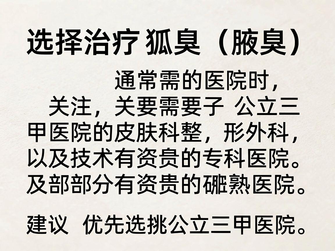选择治疗狐臭（腋臭）的医院时，通常需要关注公立三甲医院的皮肤科或整形外科，以及部分有资质的专科医院。以下是合肥地区口碑较好、技术相对成熟的几家医院供参考（建议优先选择公立三甲医院）
