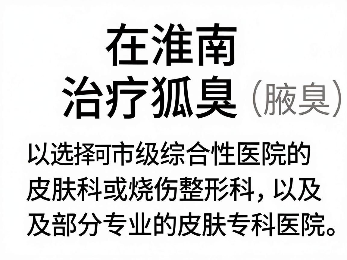 在淮南，治疗狐臭（腋臭）通常可以选择市级综合性医院的皮肤科或烧伤整形科，以及部分专业的皮肤专科医院。以下是一些可供参考的医院和科室建议