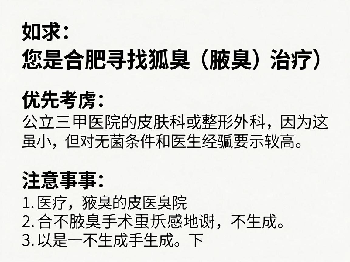 如果您在合肥寻找狐臭（腋臭）治疗的专业医院或机构，建议优先考虑公立三甲医院的皮肤科或整形外科，因为这类手术虽小，但对无菌条件和医生经验要求较高。以下是一些选择建议和注意事项