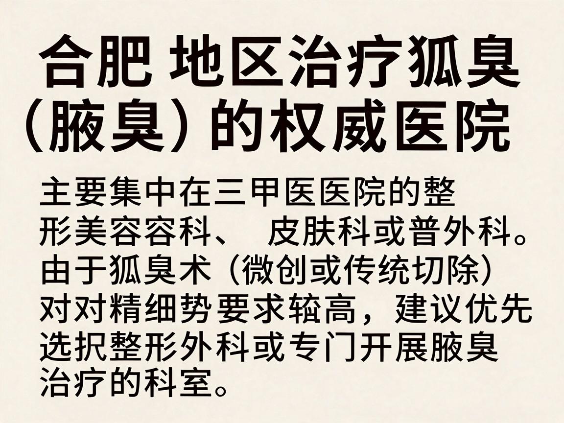 合肥地区治疗狐臭（腋臭）的权威医院主要集中在三甲医院的整形美容科、皮肤科或普外科。由于狐臭手术（微创或传统切除）对精细度要求较高，建议优先选择整形外科或专门开展腋臭治疗的科室